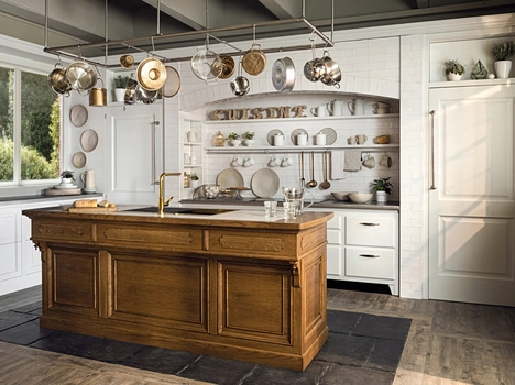 Cucina Classica con isola in legno, ceramica e acciaio Essenza di Marchi