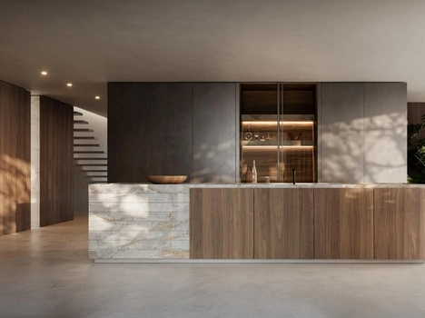Cucina Design con isola Art in noce e marmo di Modulnova