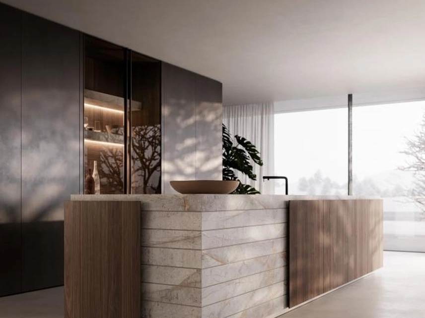 Cucina Design con isola Art in noce e marmo di Modulnova