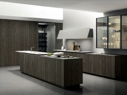 Cucina Design con isola Float finitura Rovere Carbone con top in Pietra Piasentina Fiammata di Modulnova