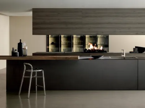 Cucina Design con isola MH6 in melaminico Lava e top in laminato con penisola in legno invecchiato di Abete Nero di Modulnova