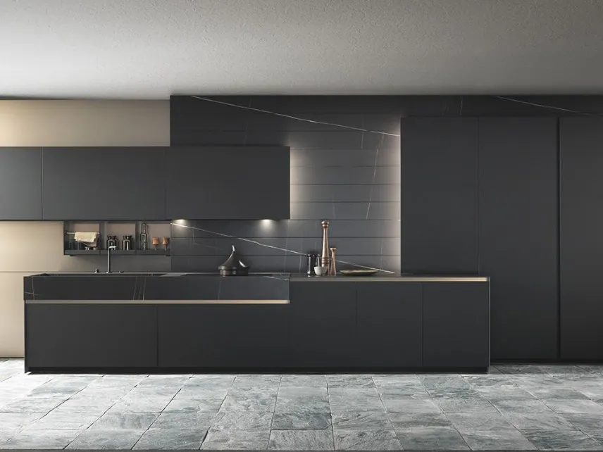 Cucina Design lineare Skill in laccato super matt Black Grey con top in Gres Sahara Noir Azalai di Modulnova