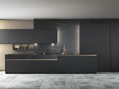 Cucina Design lineare Skill in laccato super matt Black Grey con top in Gres Sahara Noir Azalai di Modulnova