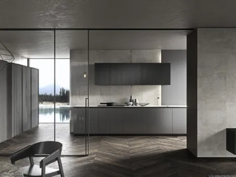 Cucina Design Skill finitura Leaf Metal Cool Grey e Rovere Fumo Raw con top in Gres City Stone Panel di Modulnova