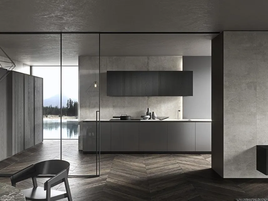 Cucina Design Skill finitura Leaf Metal Cool Grey e Rovere Fumo Raw con top in Gres City Stone Panel di Modulnova