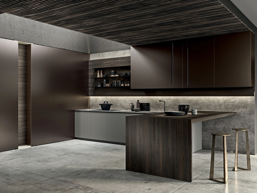Cucina Design con penisola Twenty in laccato e Eucalipto di Modulnova