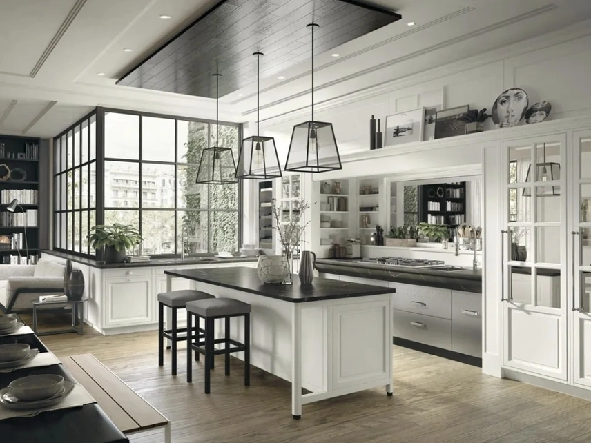 Cucina Moderna con isola Bellagio in legno laccato e acciaio di Marchi