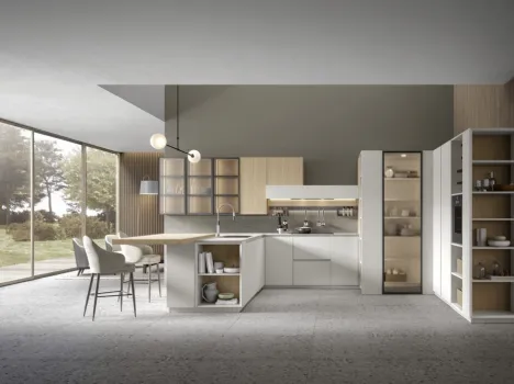 Cucina Moderna angolare con penisola in rovere naturale e finitura bianca Eclettica 02 di Scandola