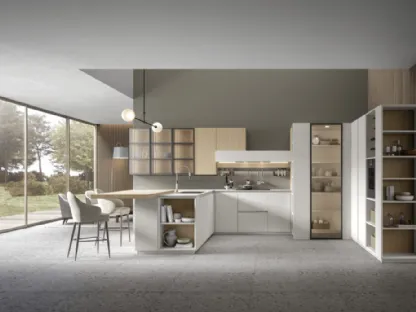 Cucina Moderna angolare con penisola in rovere naturale e finitura bianca Eclettica 02 di Scandola
