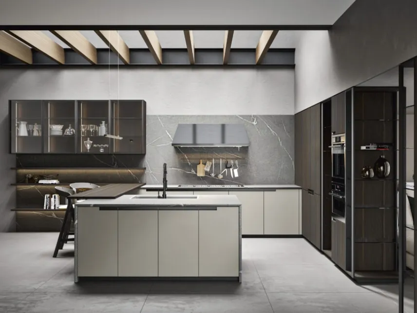 Cucina Moderna angolare in legno di Rovere termocotto e laccato opaco Eclettica 04 di Scandola