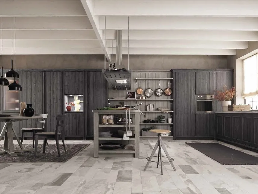 Cucina Moderna ad angolo con isola in legno finitura grafite con top in vera pietra Maestrale M02 di Scandola