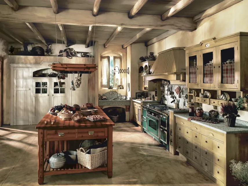 Cucina Shabby Chic lineare in legno laccato con piano in ciotoli di marmo Incontrada di Marchi